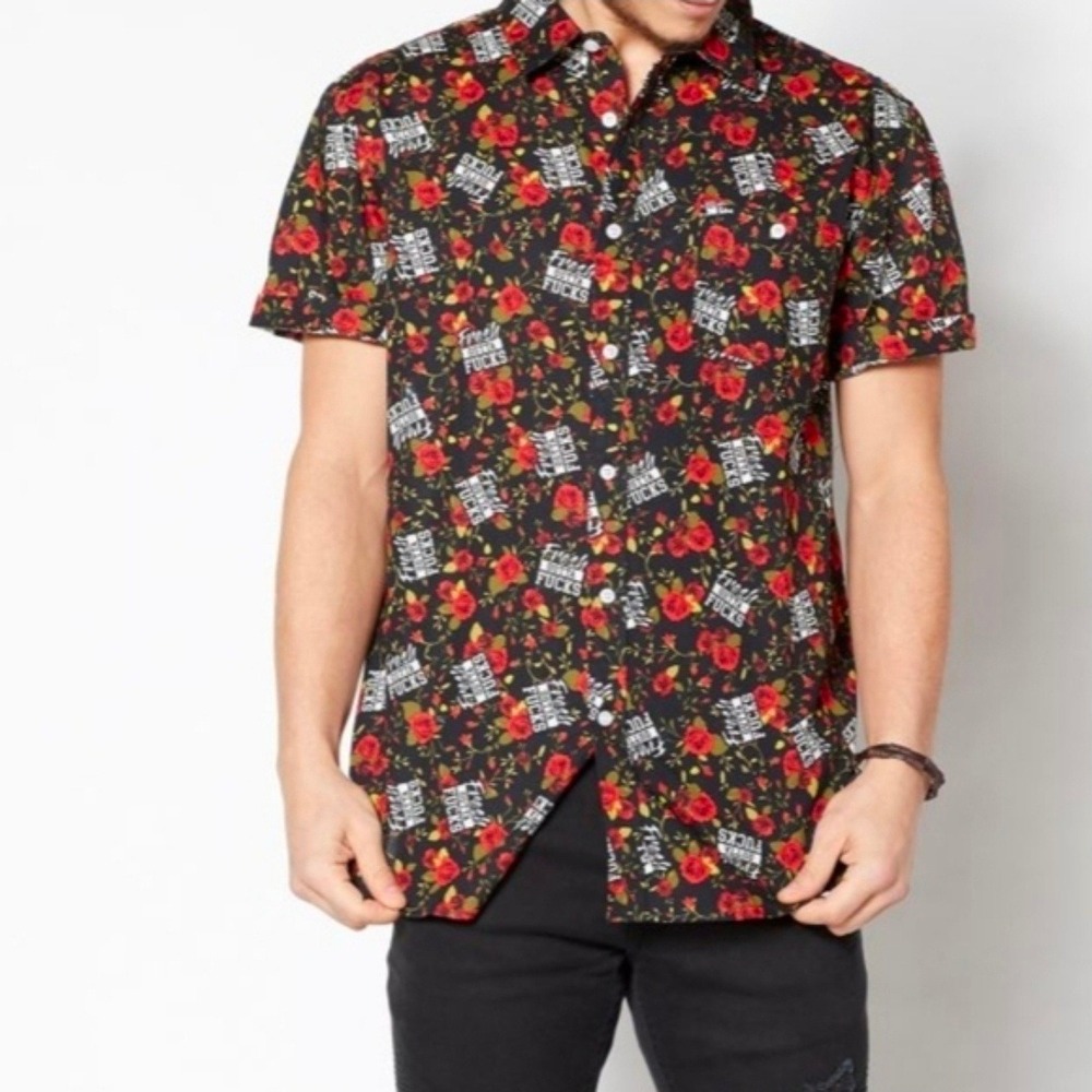 Fresh Outta F*ucks Button Down Shirt‎ Black Red Roses Mens Size L
